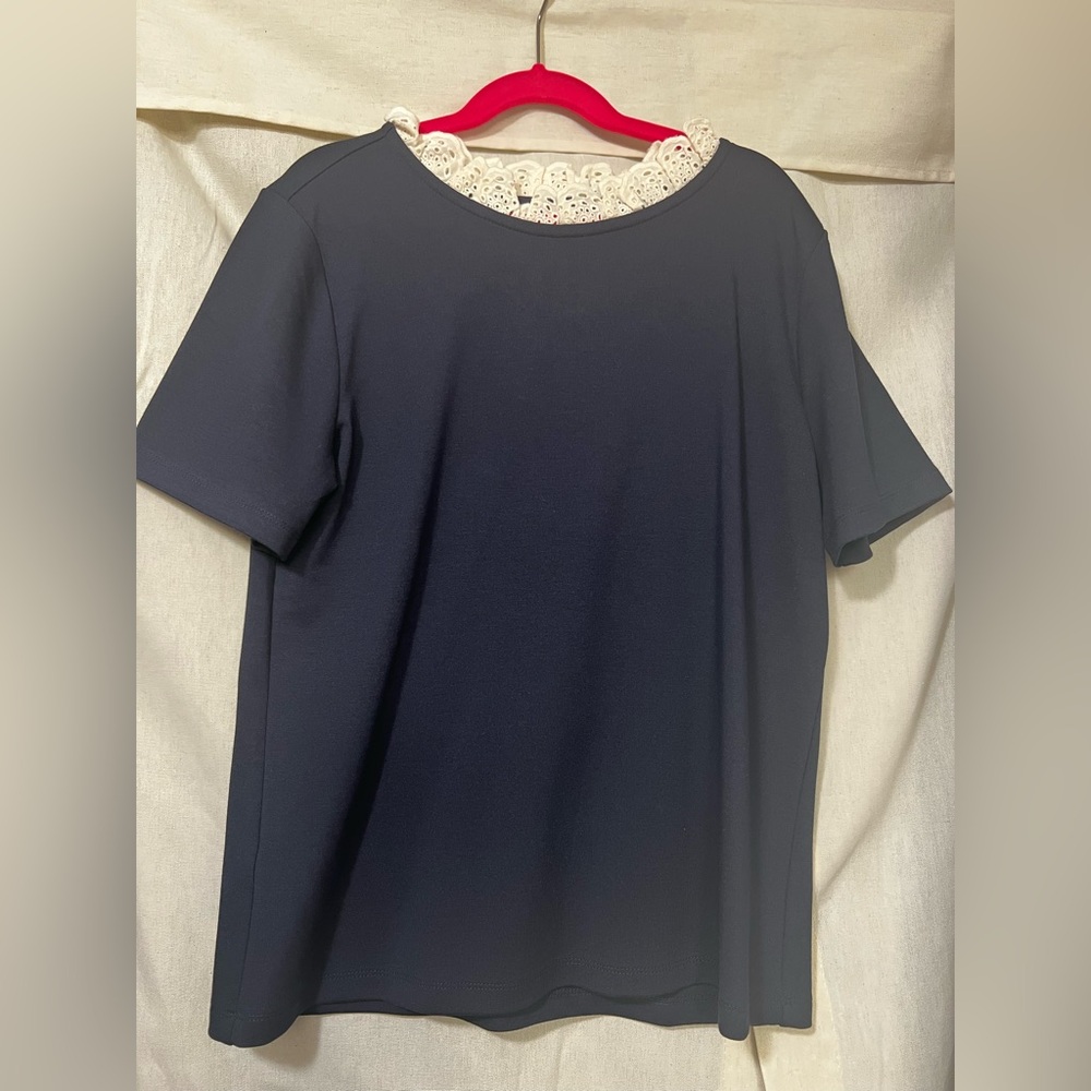 Ann Taylor Navy Top with Cream Lace Detail